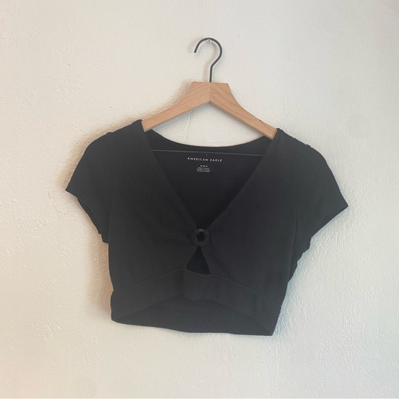 American Eagle Outfitters Black Crop Top with Tie Front and Cap‎ Sleeves - Picture 1 of 4